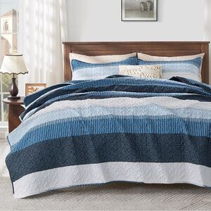Navy Blue Striped Quilt Queen, 3 Pieces Coverlet Set New